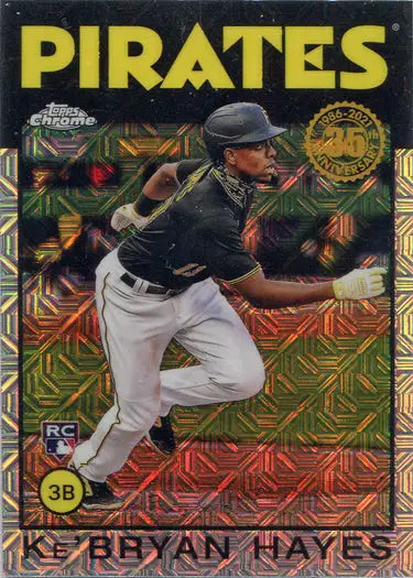 Baseball card of Ke’Bryan Hayes in mid-throw from Topps Update Chrome Silver Card