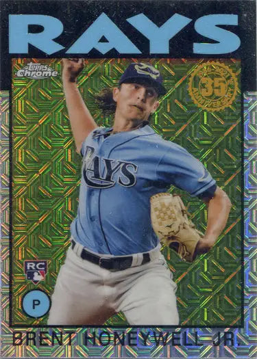 Baseball card of Tampa Bay Rays pitcher Brent Honeywell Jr. in mid-throw on chrome silver card