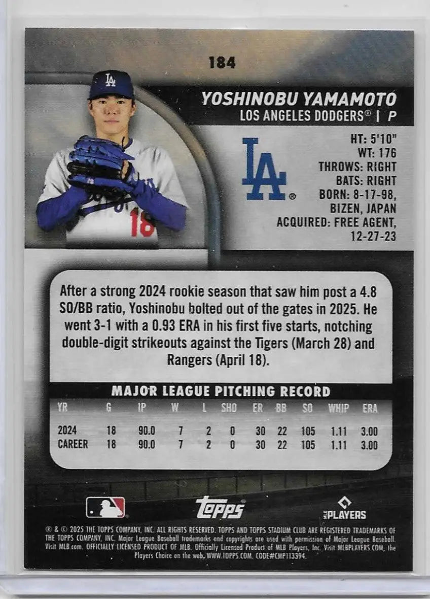 Topps Yoshinobu Yamamoto Green Parallel Dodgers 2025 Stadium Club #184 C-53 - Baseball Card Single