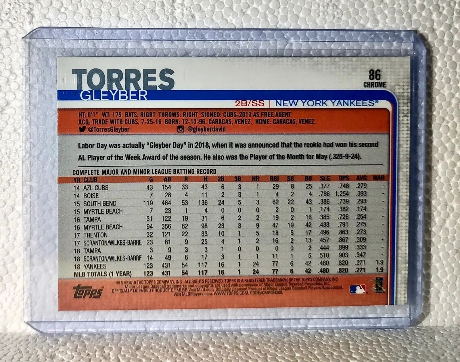 Torre Gleyber 2019 Topps MLB #86 Chrome Baseball Card New York Yankees - Baseball Card Single