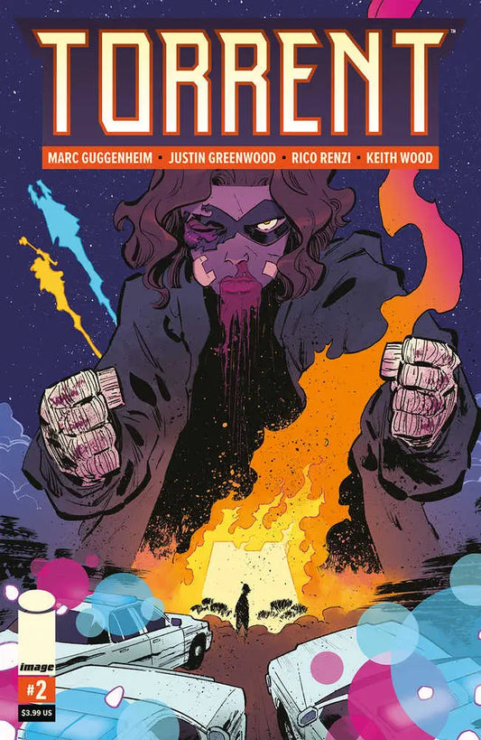 Comic book cover of Torrent #2 features hooded figure in flames, perfect for trading cards