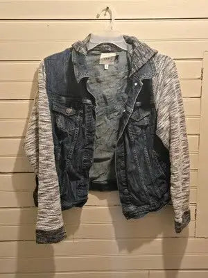 Torrid Jacket Womens 2 Hooded Denim Trucker Knit Sleeve Blue Gray Layering - Apparel
