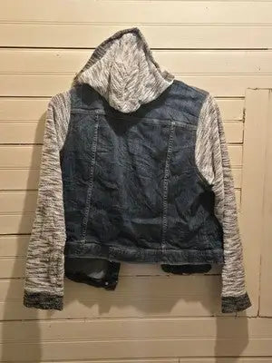 Torrid Jacket Womens 2 Hooded Denim Trucker Knit Sleeve Blue Gray Layering - Apparel