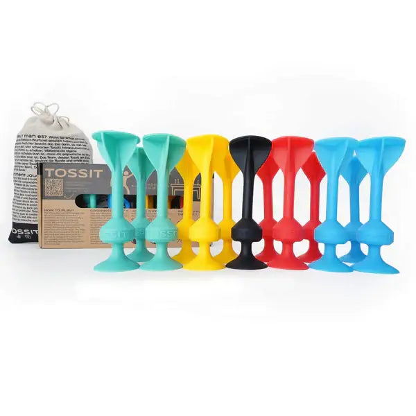 Colorful suction cup dart set from Tossit Family Pack in red, cyan, blue, and yellow