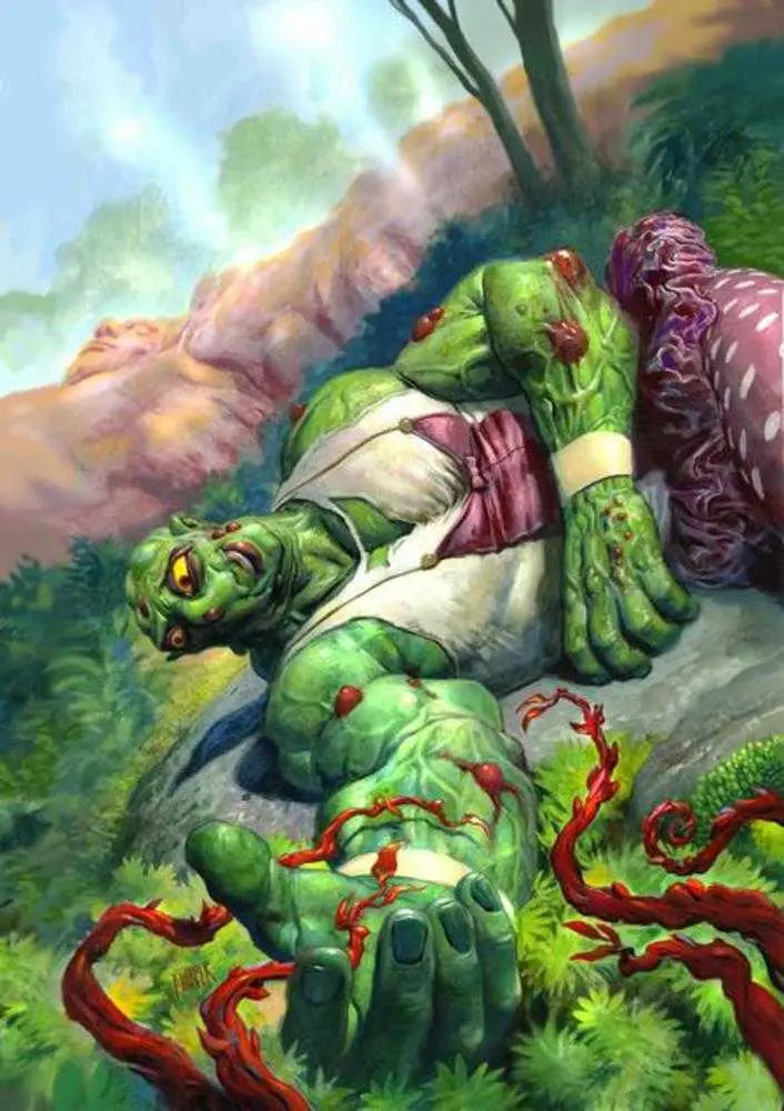 Injured green humanoid figure from Toxic Avenger featuring violent space-aliens cover