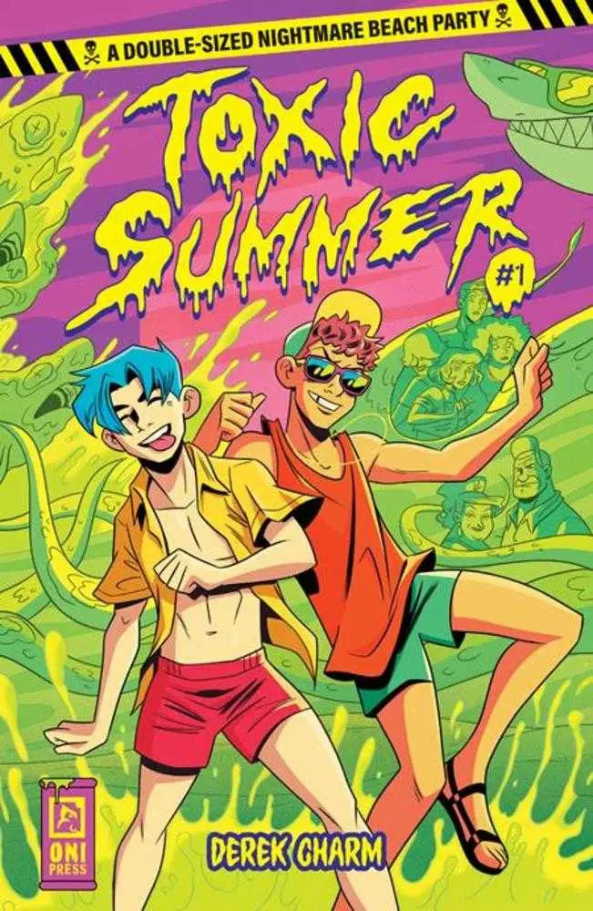Toxic Summer #1 comic cover by Derek Charm features colorful beach characters on neon green