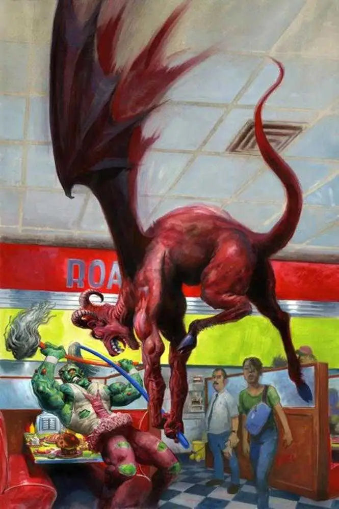 Fred Harper Toxie Team Up trading card featuring a red winged creature attacking a green figure in a diner