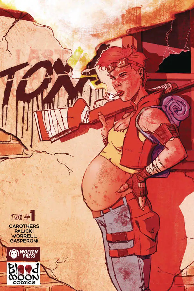 Pregnant warrior woman in combat gear featured in Toxx #1 Cover A Brian Demarest trading card
