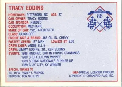 Tracy Eddins - 1989 Checkered Flag IHRA - #86 - Racing - Racing Card Single