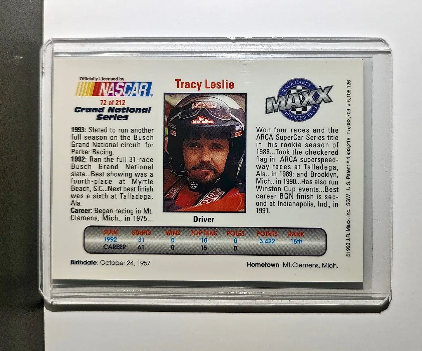 Tracy Leslie 1993 Maxx Premier Plus Racing #72 NASCAR Card Parker Racing - Racing Card Single