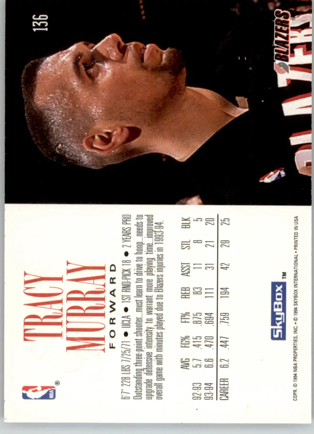 Tracy Murray - 1994-95 SkyBox Premium - #136 - Basketball - Basketball Card Single