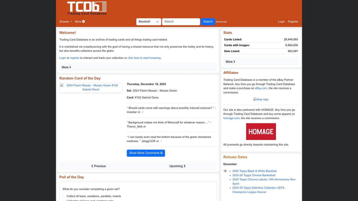 NFL cards database interface showing essential rookie cards stats