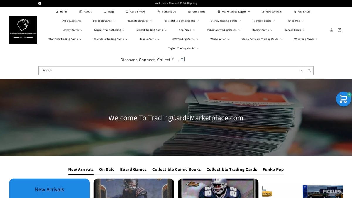 Tradingcardsmarketplace.com homepage with colorful baseball cards stack