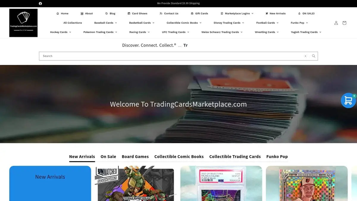 Tradingcardsmarketplace.com homepage with One Piece trading cards stack