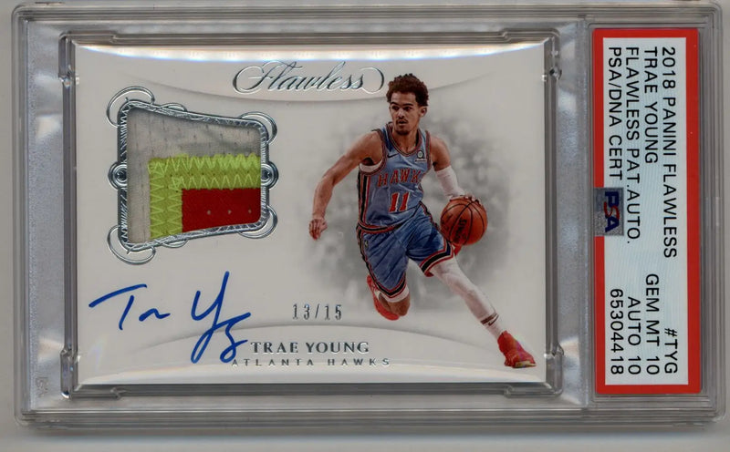Trae Young 2018-19 Flawless Patch Auto Trae Young 13/15 PSA 10 Gem Mint Auto 10 - Basketball Card Single