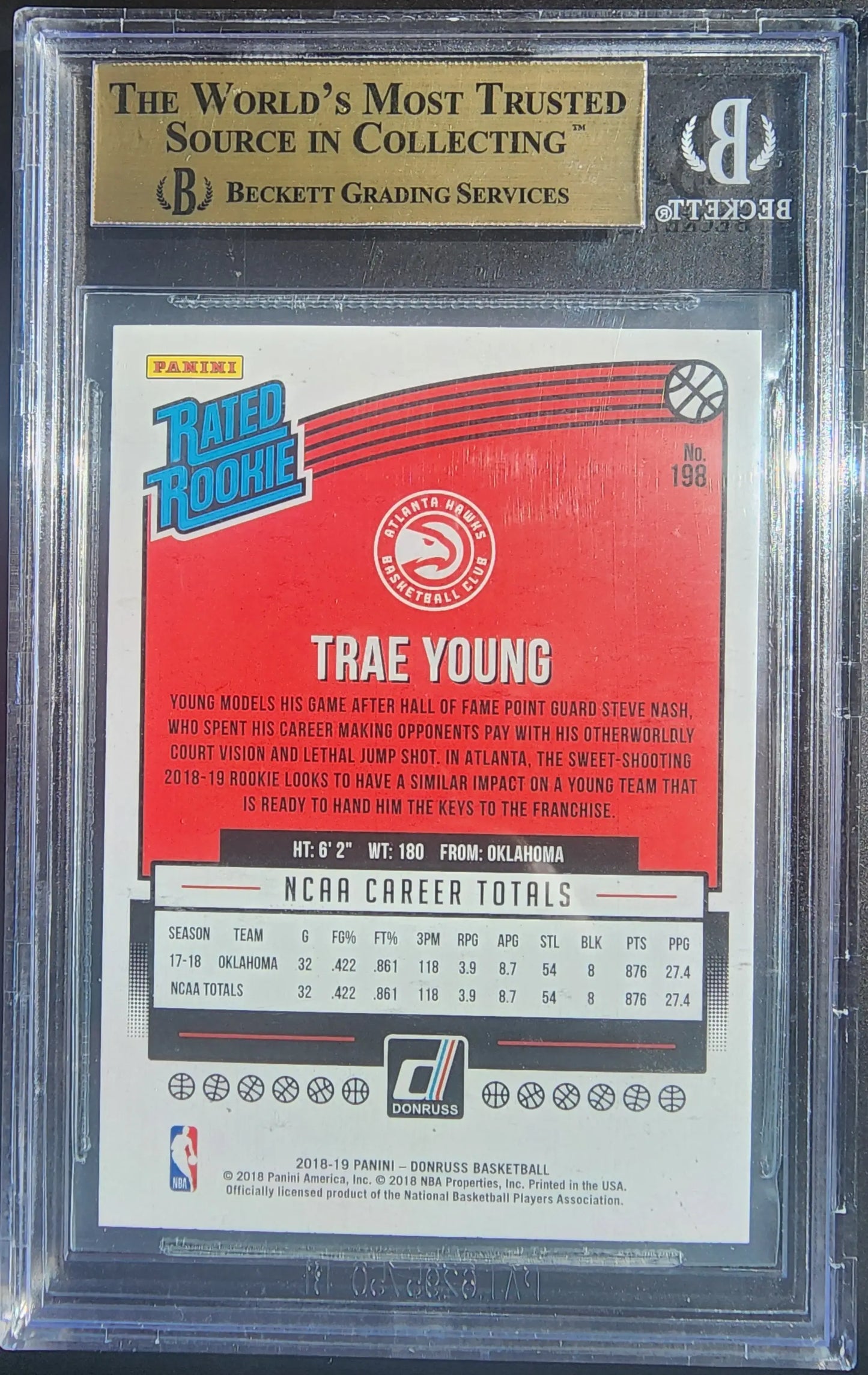 Trae Young 2018 Donruss Rated Rookie Panini basketball card BGS 10 Pristine
