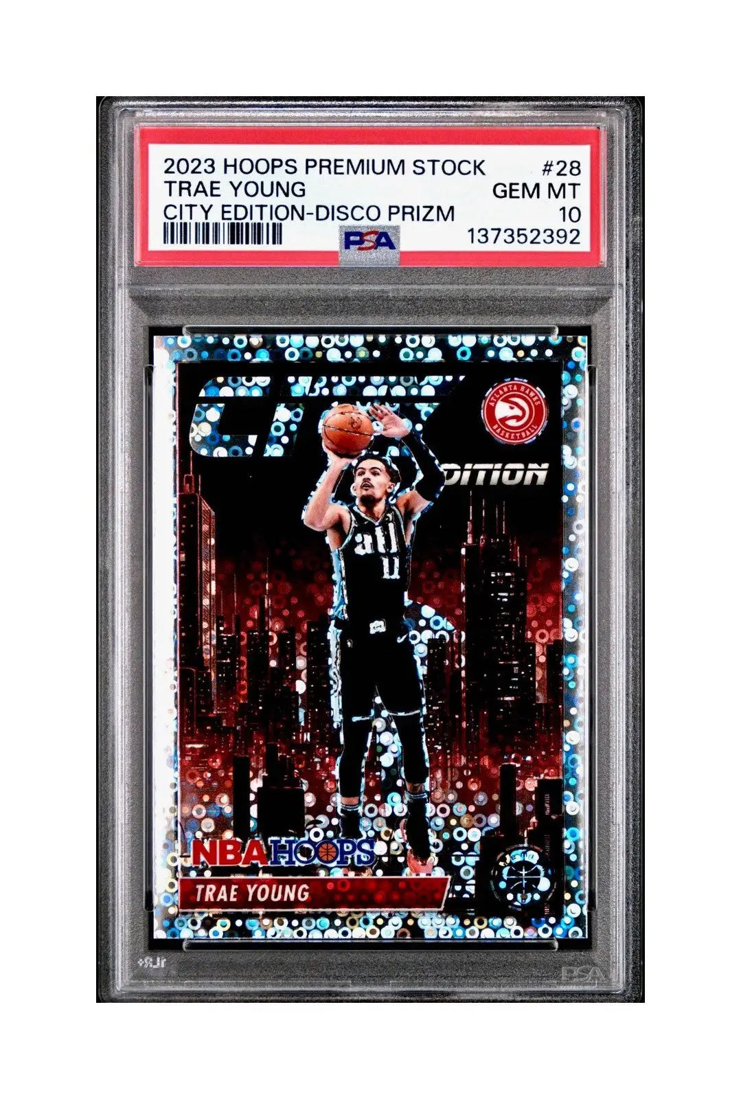Trae Young 2023 Panini Hoops Premium City Edition #28 Disco Prizm PSA 10 Gem - Basketball Card Single