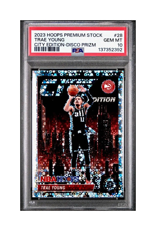 Trae Young 2023 Panini Hoops Premium City Edition #28 Disco Prizm PSA 10 Gem - Basketball Card Single