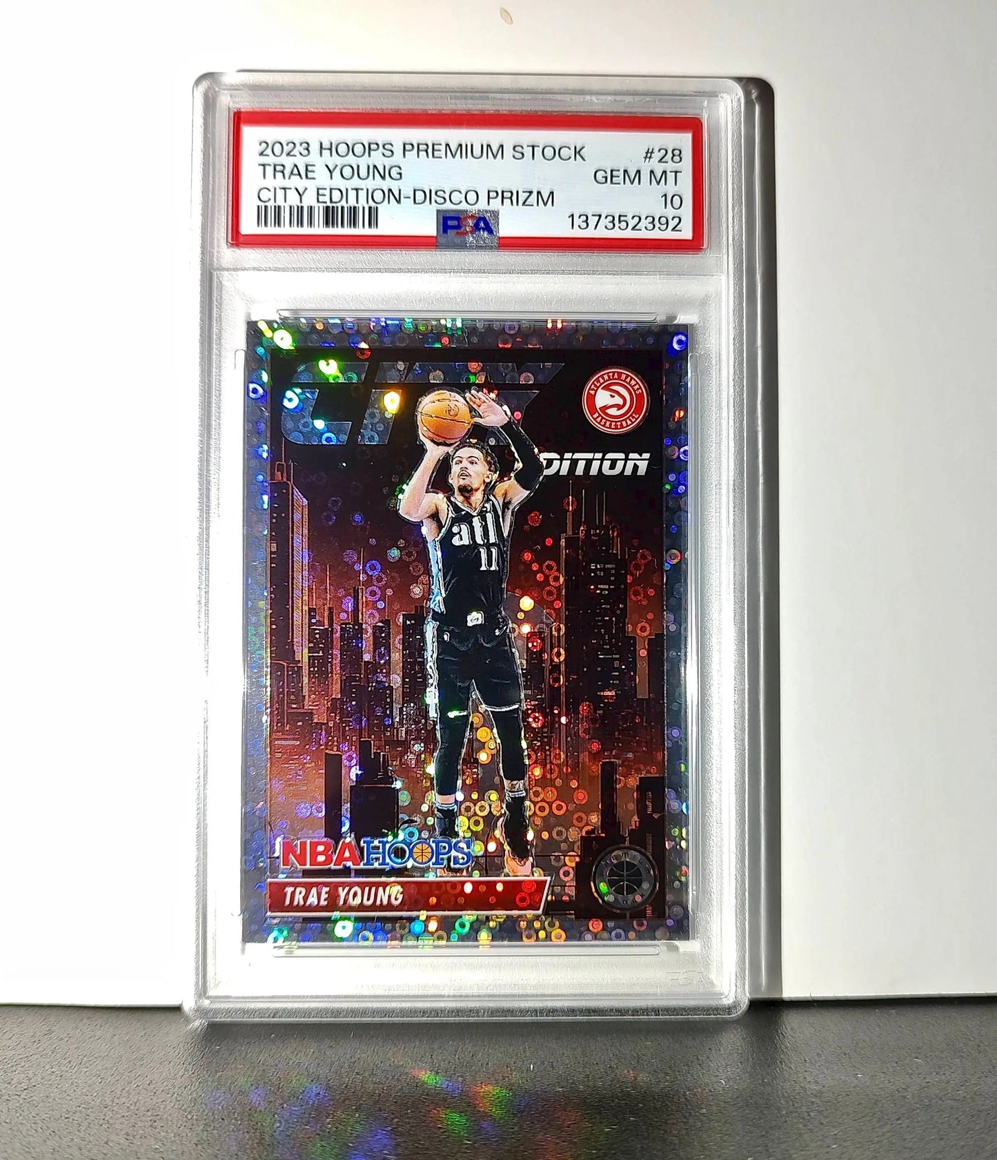 Trae Young 2023 Panini Hoops Premium City Edition #28 Disco Prizm PSA 10 Gem - Basketball Card Single