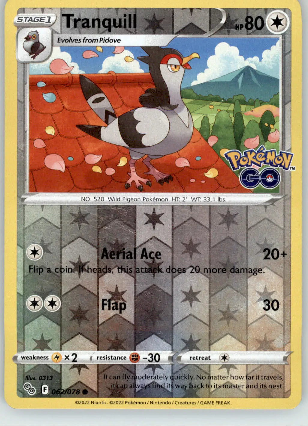 Tranquill - Pokemon GO - 062/078 - Reverse Holo LP Pokemon - Pokémon Card Single