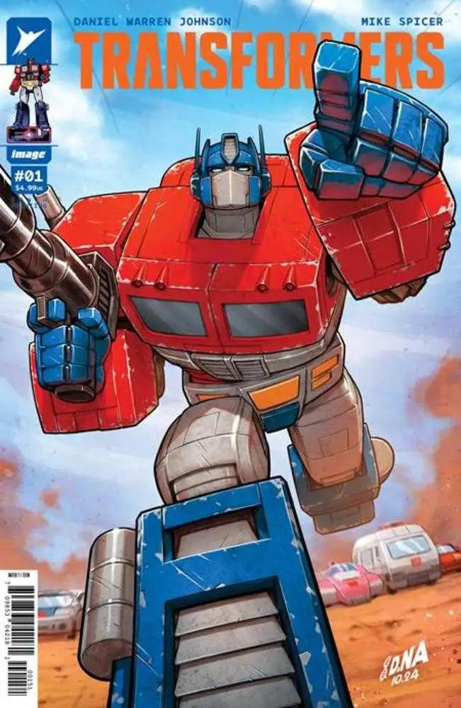 Optimus Prime in heroic pose against a desert backdrop for Transformers trading cards