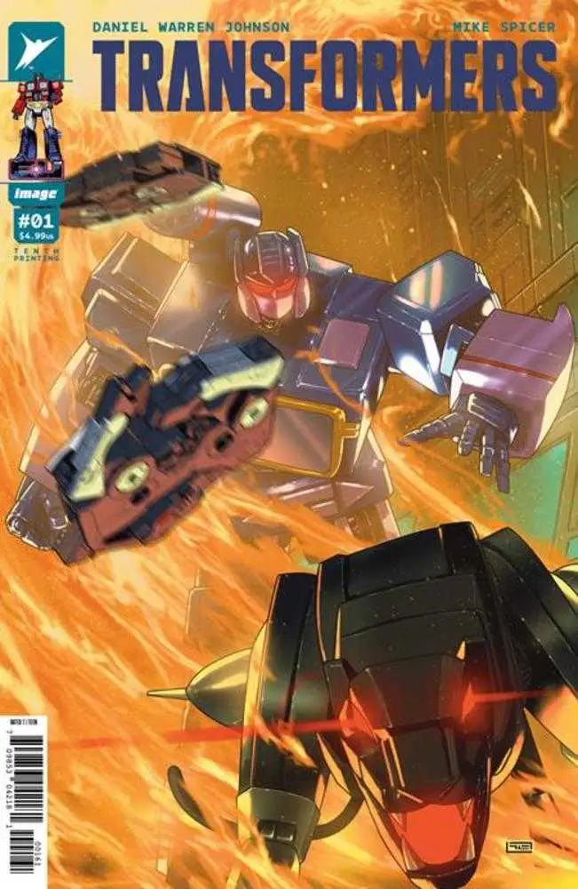 Comic book cover of Transformers #1 featuring Optimus Prime battling in an orange sky