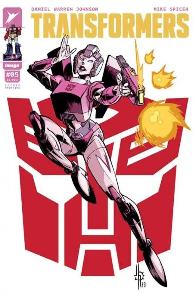Pink and purple robot character leaps against a red Autobot symbol in Transformers #5 cover