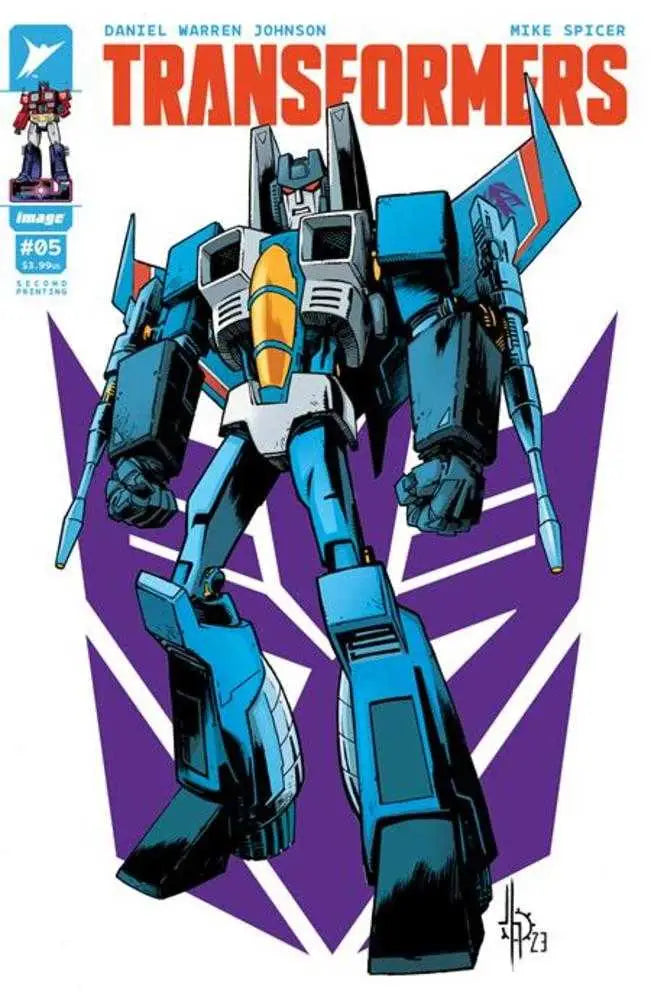 Blue and black Decepticon robot with yellow accents on Transformers #5 Jason Howard Variant