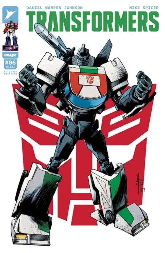 Wheeljack stands heroically against a red Autobot insignia in Transformers 2nd Print Cover