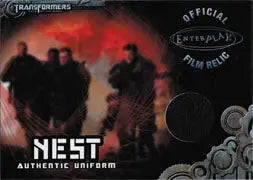 Trading card of silhouettes on red, featuring Transformers Nest Uniform memorabilia card