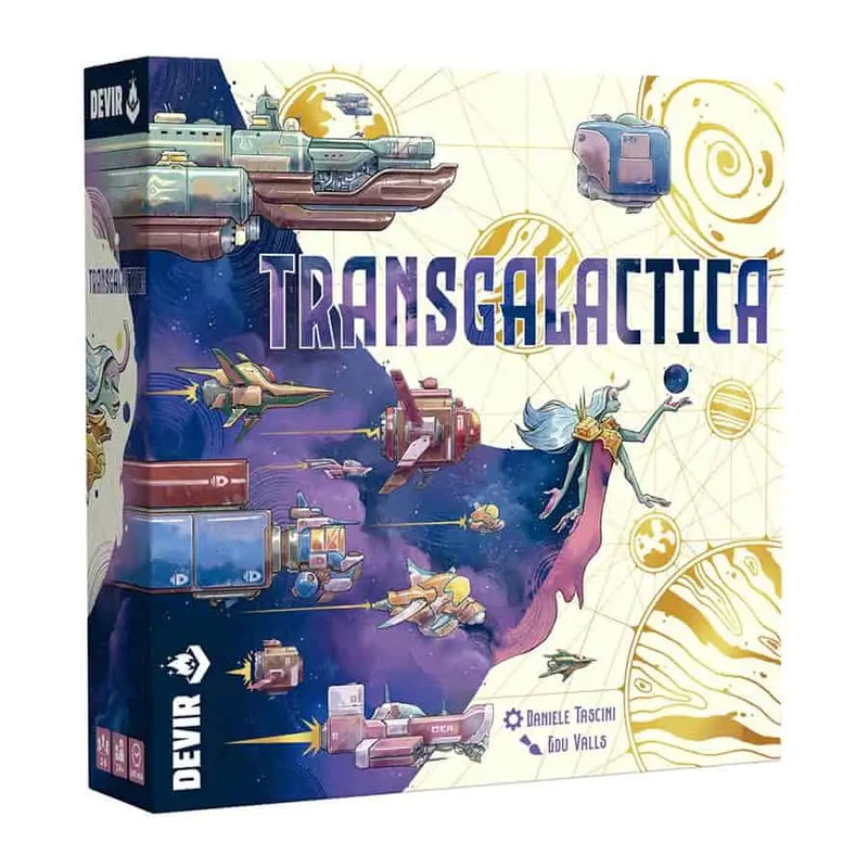 Transgalactica Board Game box by Devir Games featuring a castle panic style design
