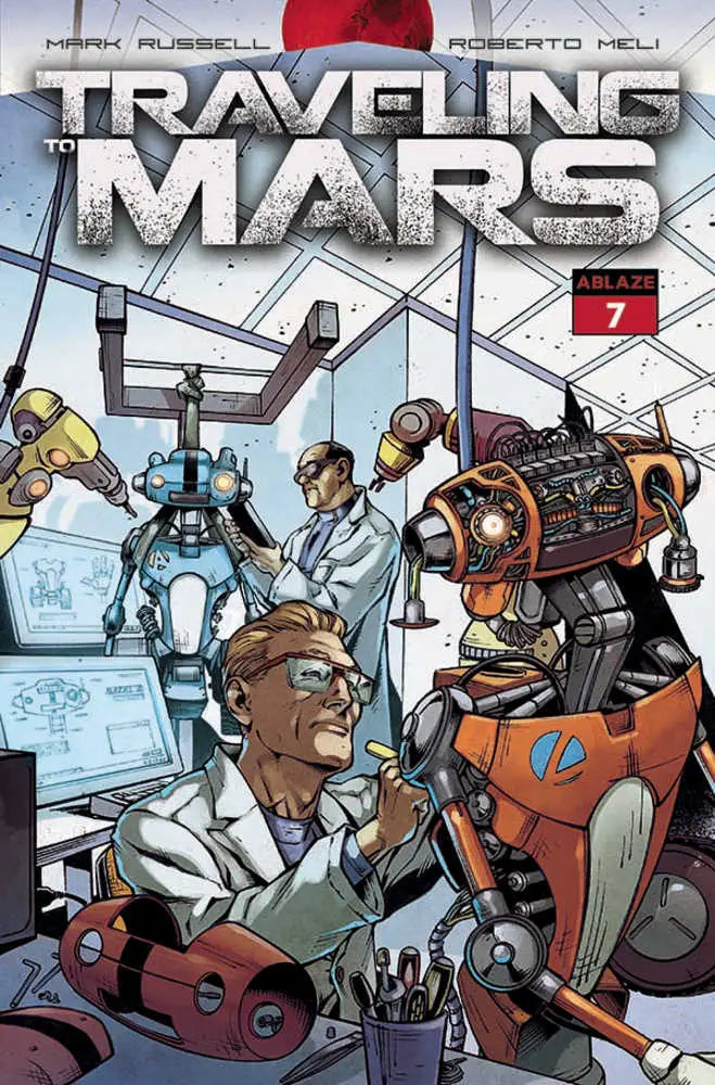 Comic book cover for Traveling Mars featuring characters and robots in a sci-fi world