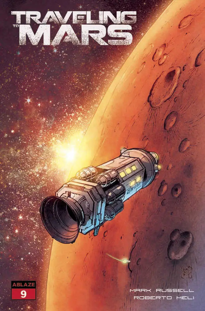 Cylindrical spacecraft with engine thrusters orbiting Mars for Traveling To Mars trading cards