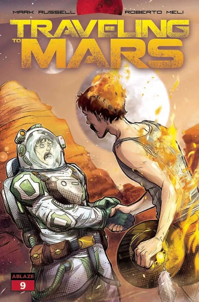 Comic book cover of Traveling To Mars #9 with astronaut vs fiery figure in Martian landscape