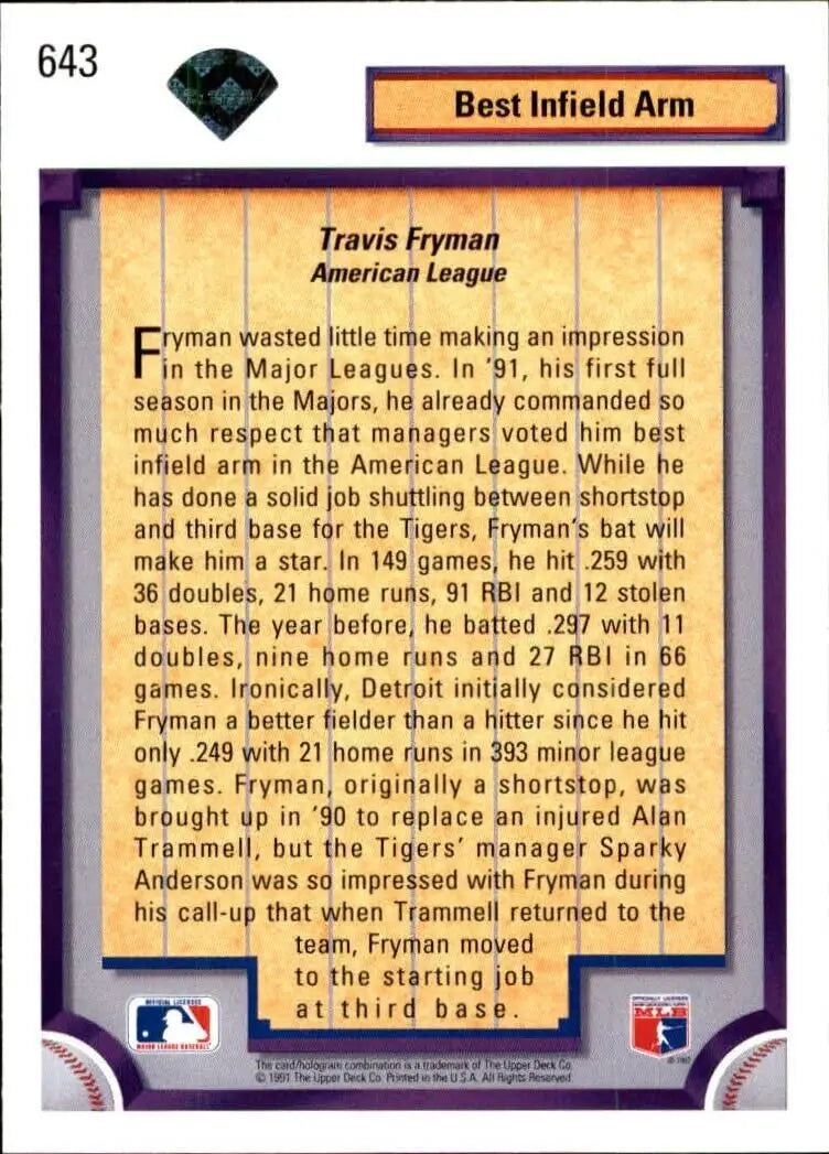 Travis Fryman 1992 Upper Deck MLB #643 DS Baseball Card Detroit Tigers - Baseball Card Single