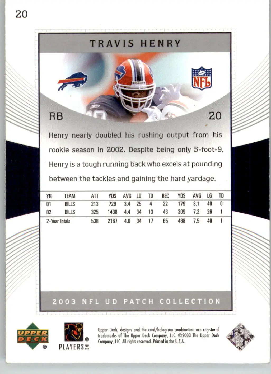 Travis Henry - 2003 UD Patch Collection - #20 - Football - Football Card Single
