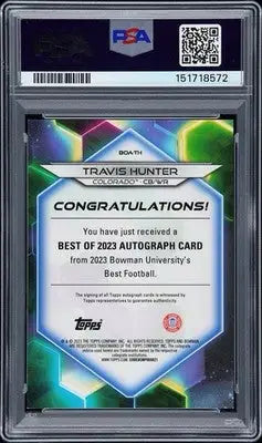 Travis Hunter Teal Auto /15 PSA 8 2023 Bowman Best Teal Geometric - Football Card Single