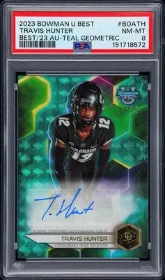 Travis Hunter Teal Auto /15 PSA 8 2023 Bowman Best Teal Geometric - Football Card Single