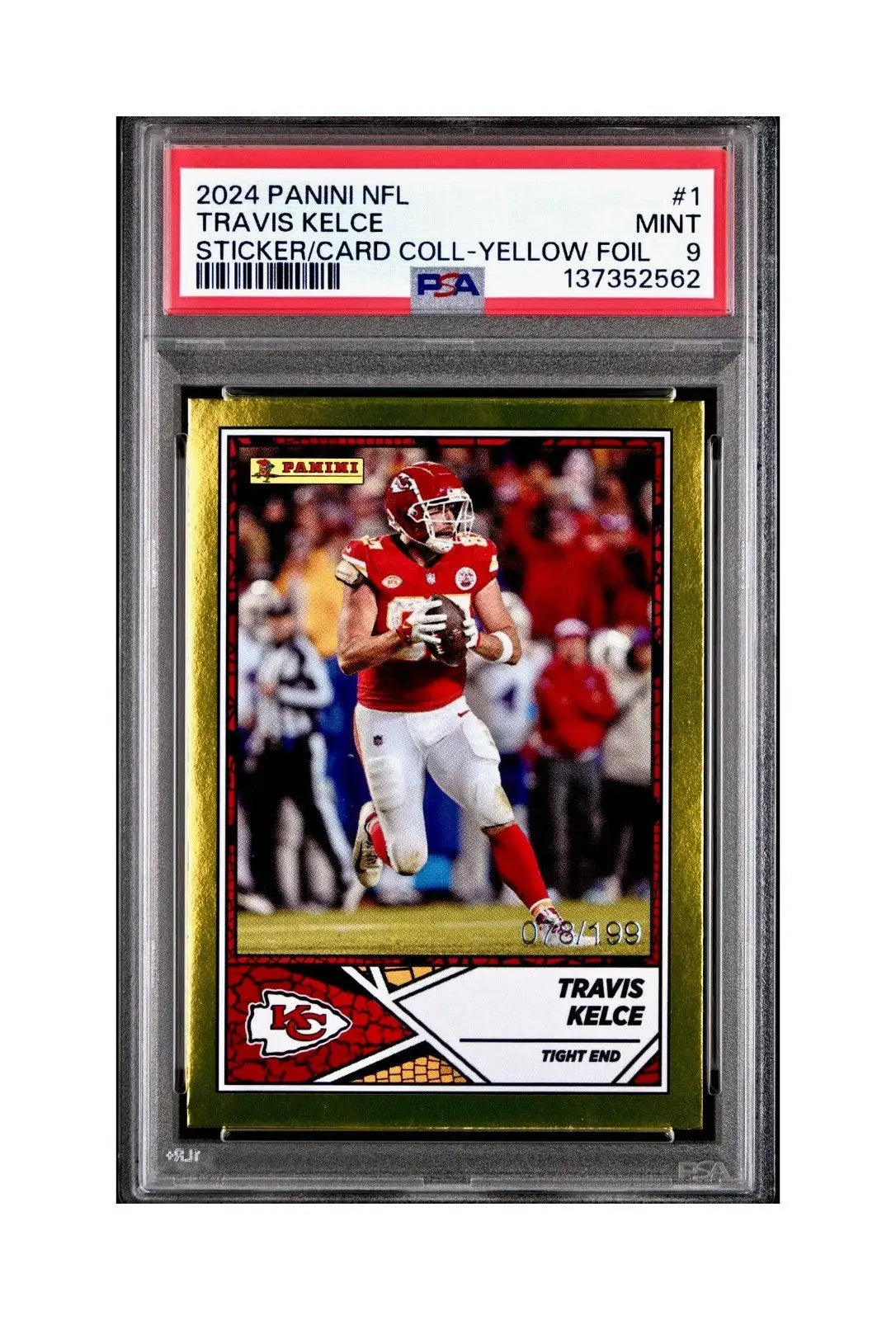 Travis Kelce 2024 Panini Sticker Collection 078/199 #1 Gold Foil PSA 9 Mint