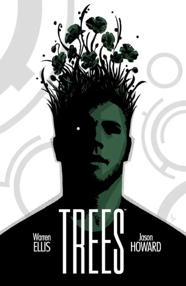 Comic book cover with man’s face and flowers for Trees TPB Volume 01 Ten Years