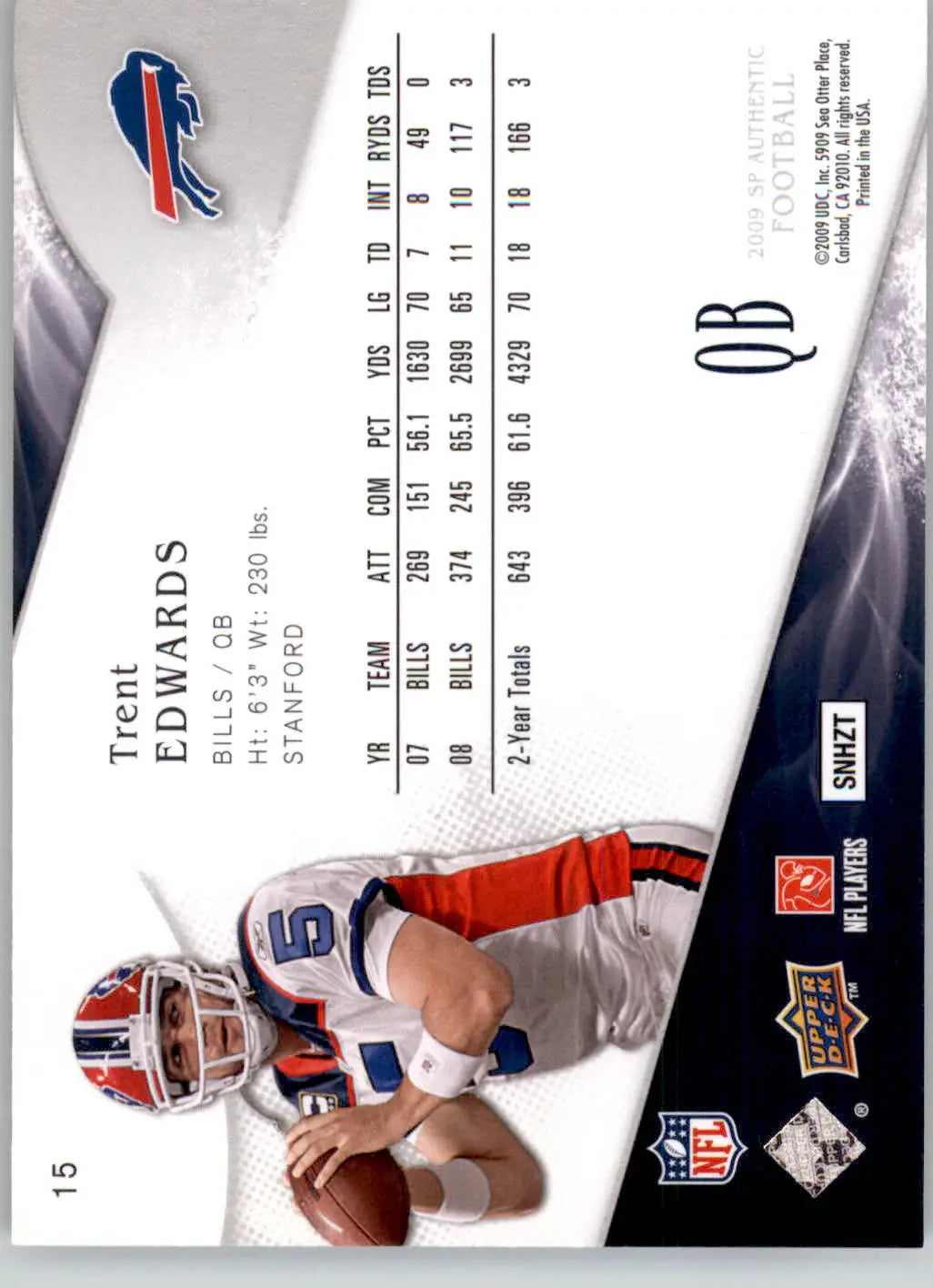 Trent Edwards - 2009 SP Authentic - #15 - Football - Football Card Single