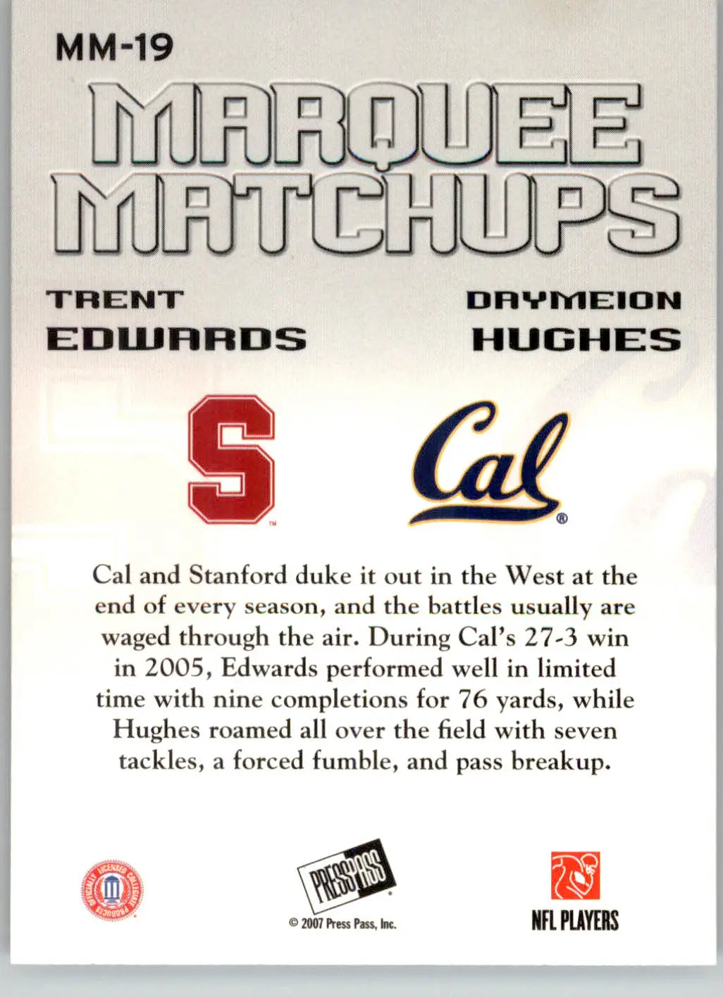 Trent Edwards / Daymeion Hughes - 2007 Press Pass SE - #MM-19 - Marquee Matchups - Football Card Single