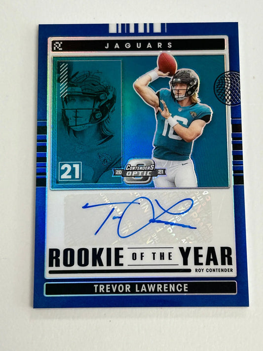 Trevor Lawrence 2021 Contenders Optic Rookie of the Year Blue Auto #20/20 - Football Card Single