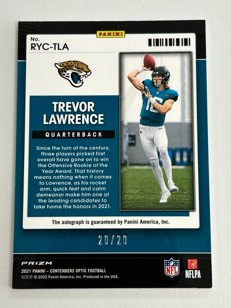 Trevor Lawrence 2021 Contenders Optic Rookie of the Year Blue Auto #20/20 - Football Card Single