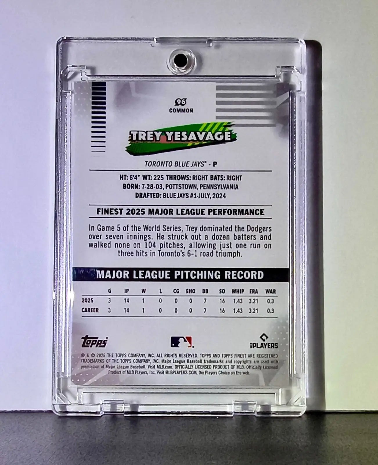 Trey Yesavage Rookie 2026 MLB Topps Finest #96 Refractor 133/150 Card Blue Jays - Baseball Card Single