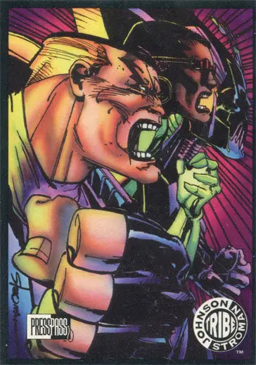 Colorful comic book-style illustration of an angry superhero for Press Pass Exclusive Profile