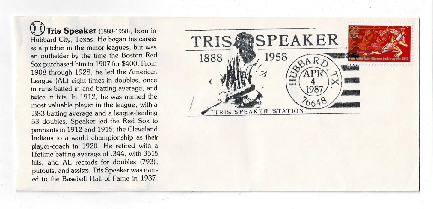 Tris Speaker April 4 1987 Cachet Envelope Cleveland Indians Hubbard TX w/Bio - Sports Memorabilia