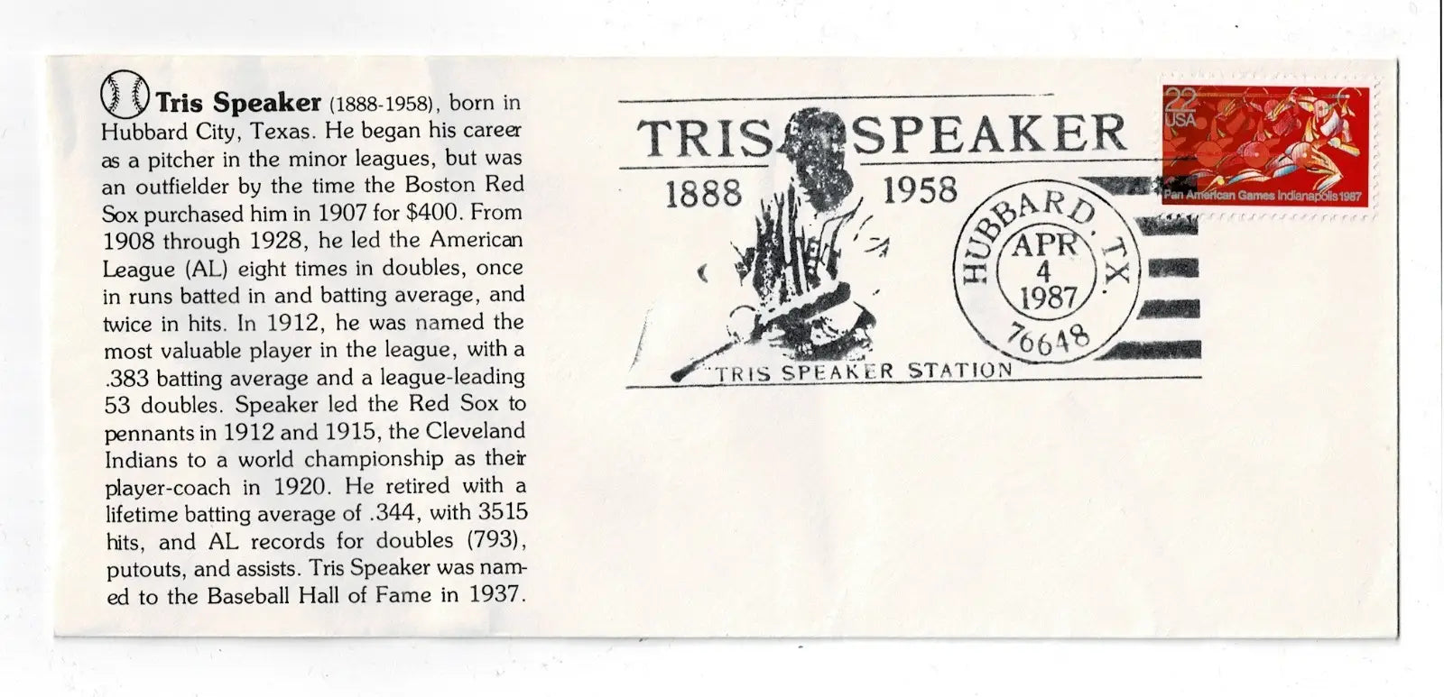 Tris Speaker April 4 1987 Cachet Envelope Cleveland Indians Hubbard TX w/Bio - Sports Memorabilia