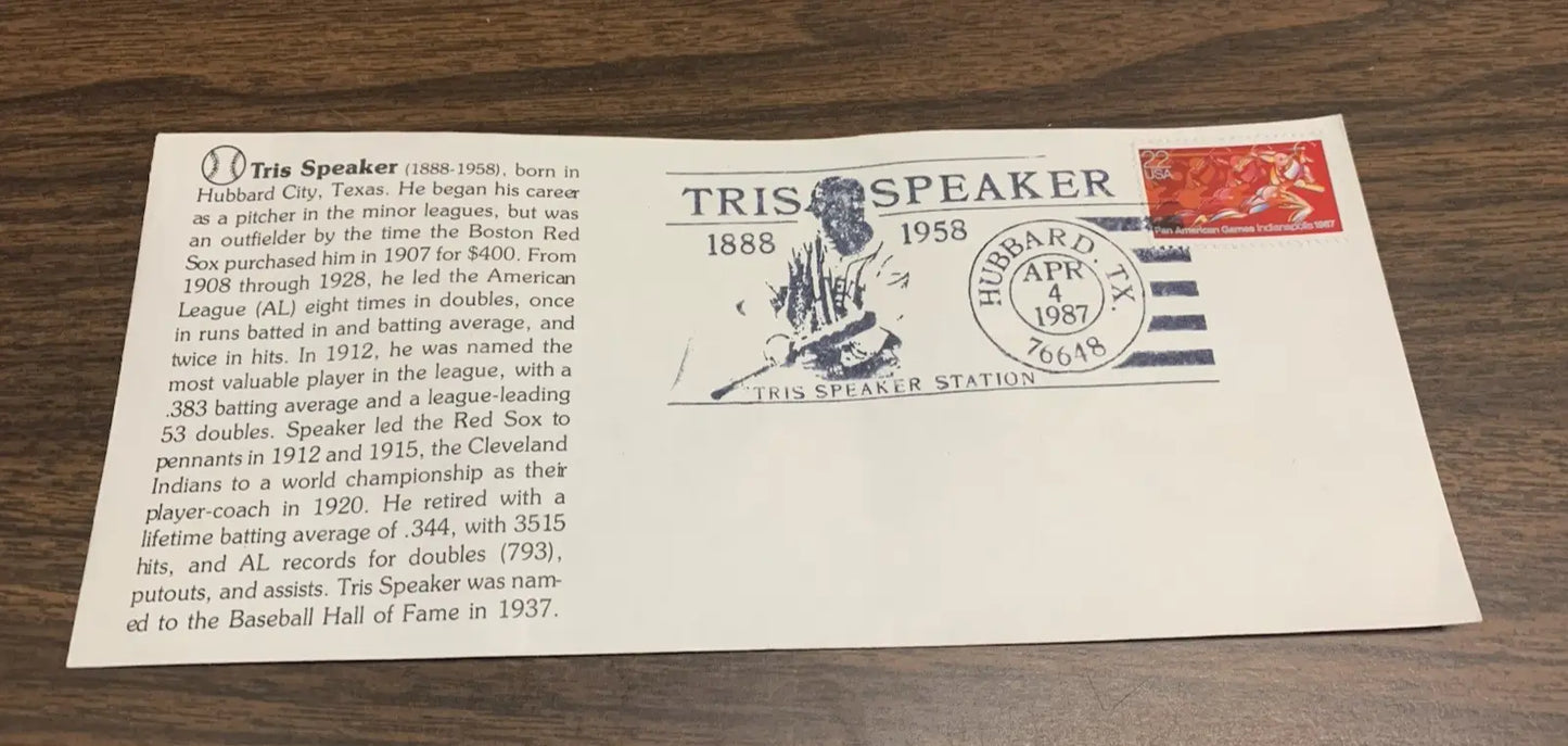 Tris Speaker April 4 1987 Cachet Envelope Cleveland Indians Hubbard TX w/Bio - Sports Memorabilia