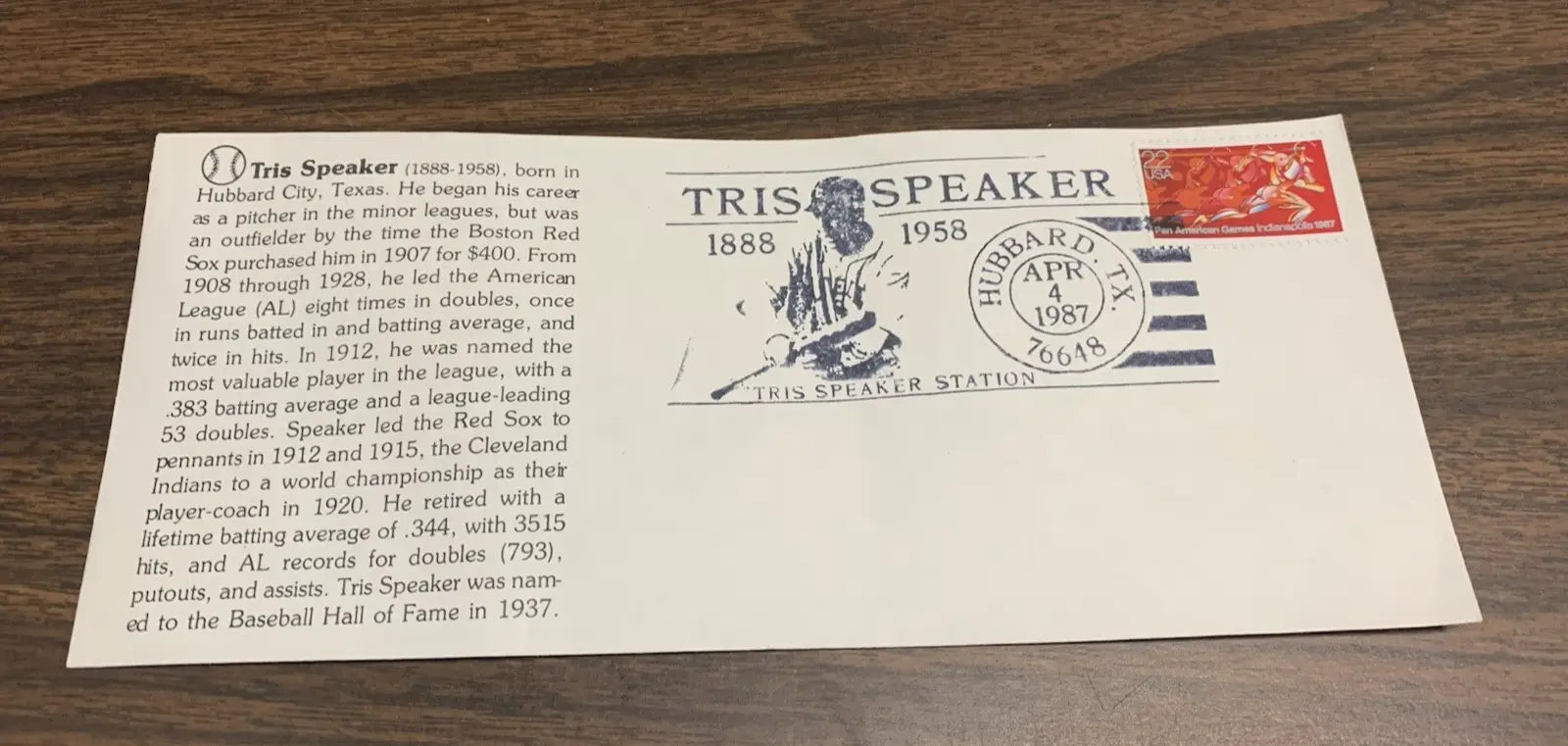 Tris Speaker April 4 1987 Cachet Envelope Cleveland Indians Hubbard TX w/Bio - Sports Memorabilia